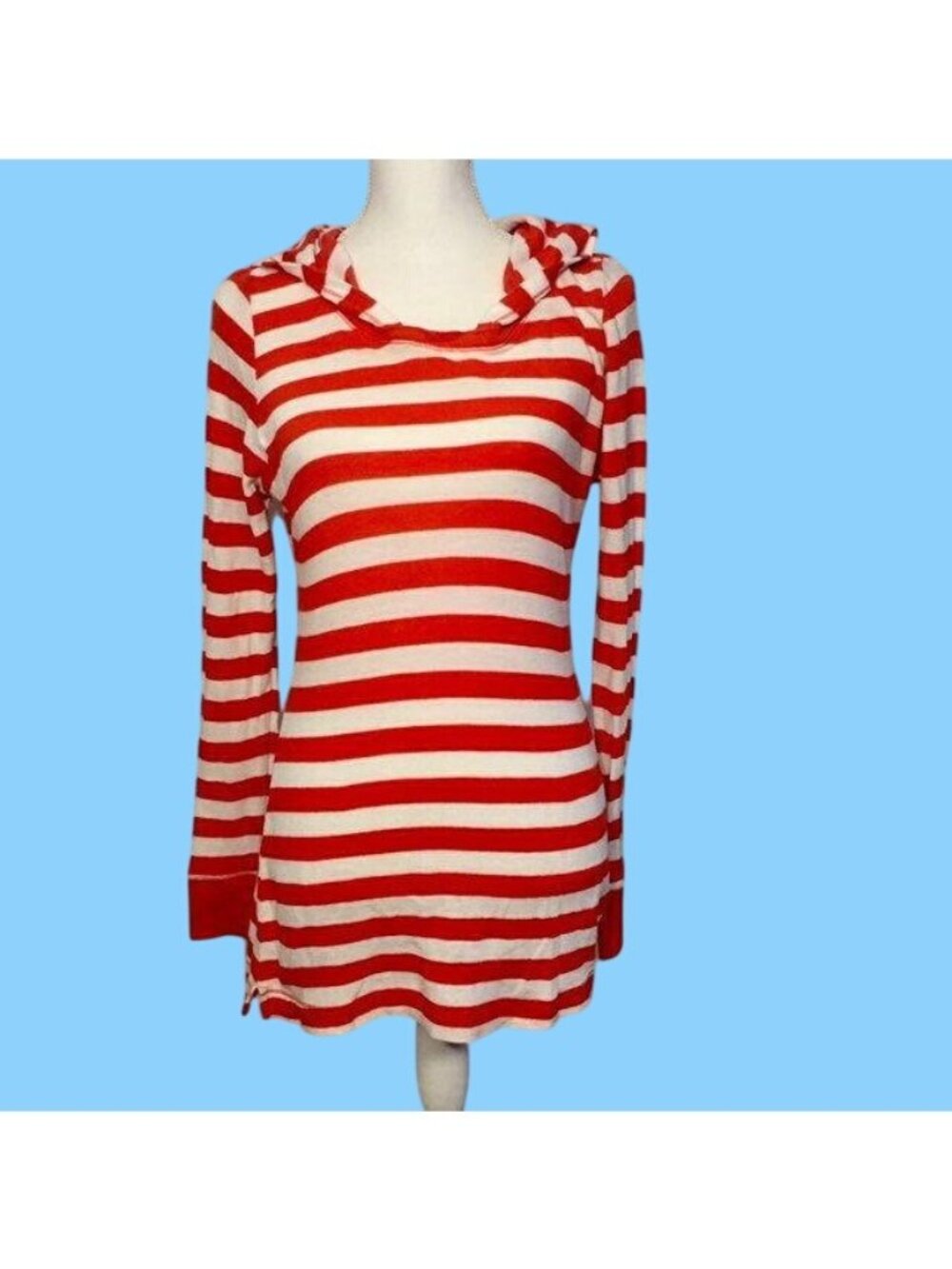 Victoria's Secret Womens M Orange White Striped Thermal Hooded Top Waffle Knit U